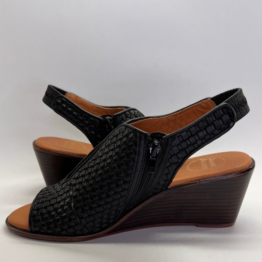 Andre Assous Belinda Wedges Size 8.5 Black Woven Slingback Peep Toe Heels - Picture 7 of 16